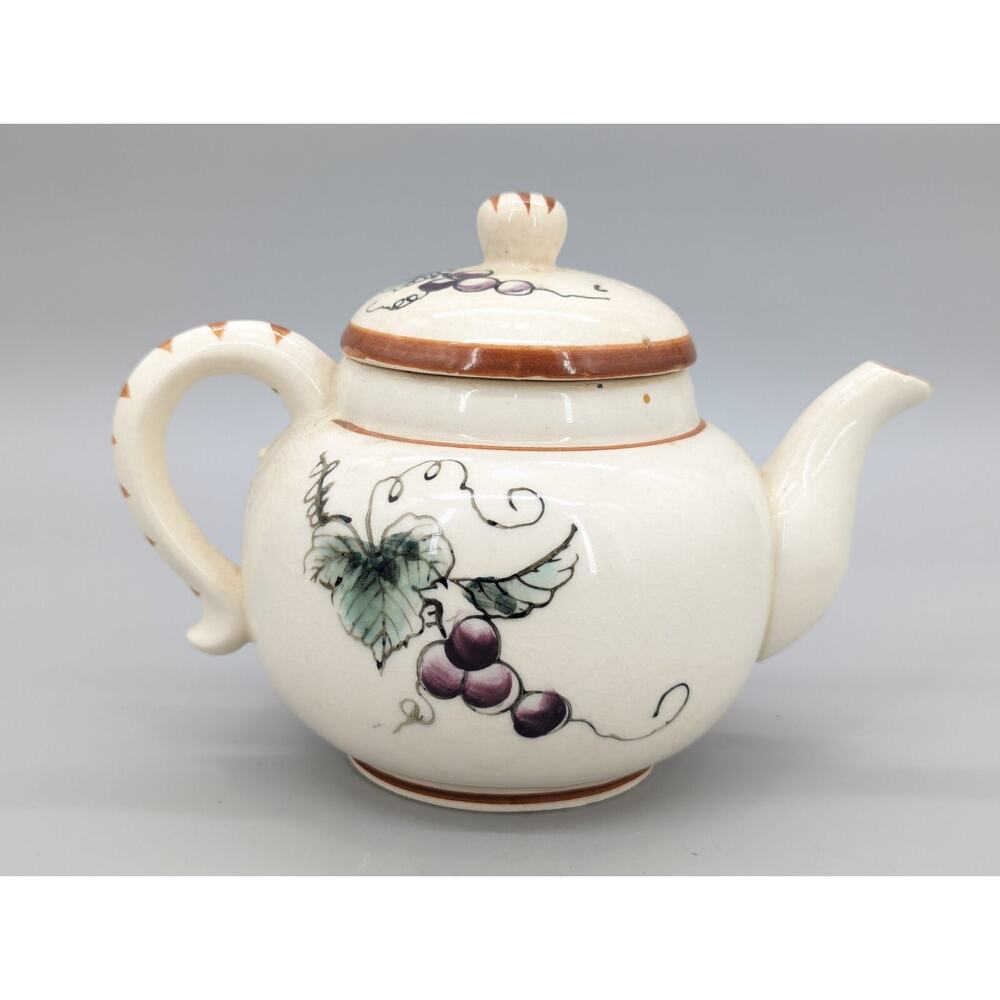 Nasco Vintage Hand Painted 50s Crackled Glaze Grapes Teapot With Lid